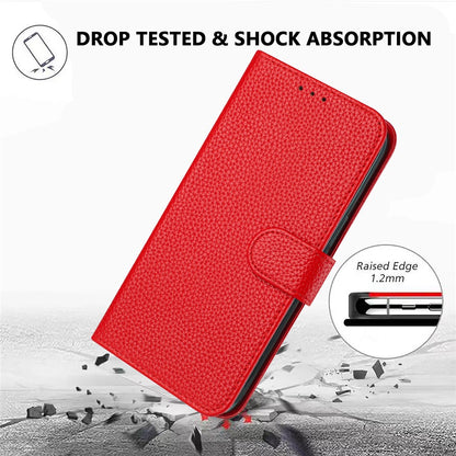 For iPhone 17e / 16e Leather Case Litchi Texture Wallet Stand Anti Drop Phone Cover with Wrist Strap