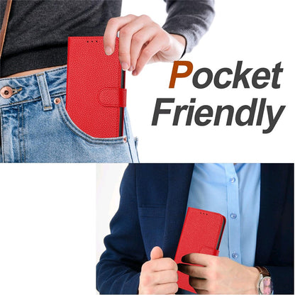 For iPhone 17e / 16e Leather Case Litchi Texture Wallet Stand Anti Drop Phone Cover with Wrist Strap