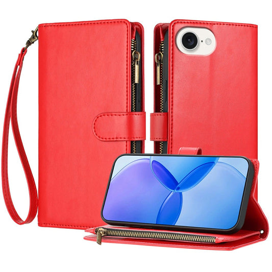 For iPhone 17e / 16e Leather Case Zipper Wallet Stand Shockproof Phone Cover with Wrist Strap