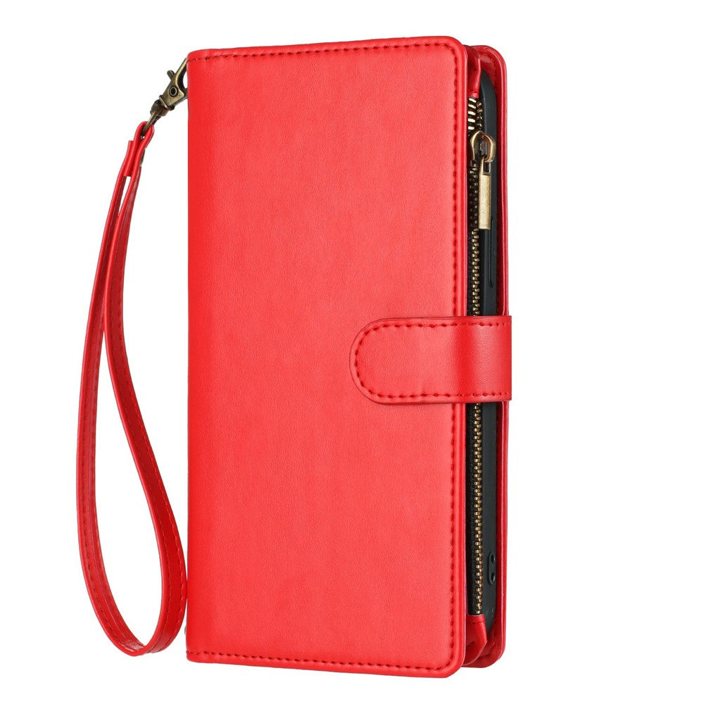 For iPhone 17e / 16e Leather Case Zipper Wallet Stand Shockproof Phone Cover with Wrist Strap