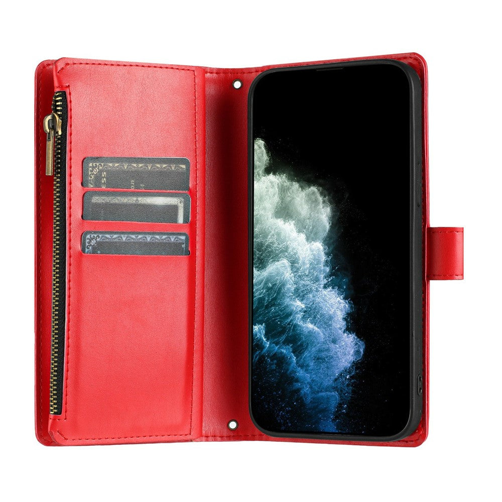 For iPhone 17e / 16e Leather Case Zipper Wallet Stand Shockproof Phone Cover with Wrist Strap
