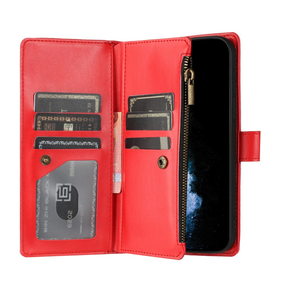For iPhone 17e / 16e Leather Case Zipper Wallet Stand Shockproof Phone Cover with Wrist Strap