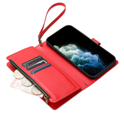 For iPhone 17e / 16e Leather Case Zipper Wallet Stand Shockproof Phone Cover with Wrist Strap