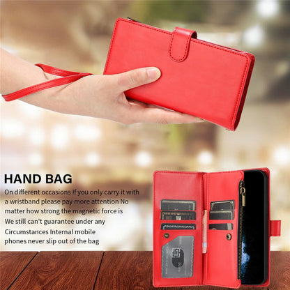 For iPhone 17e / 16e Leather Case Zipper Wallet Stand Shockproof Phone Cover with Wrist Strap