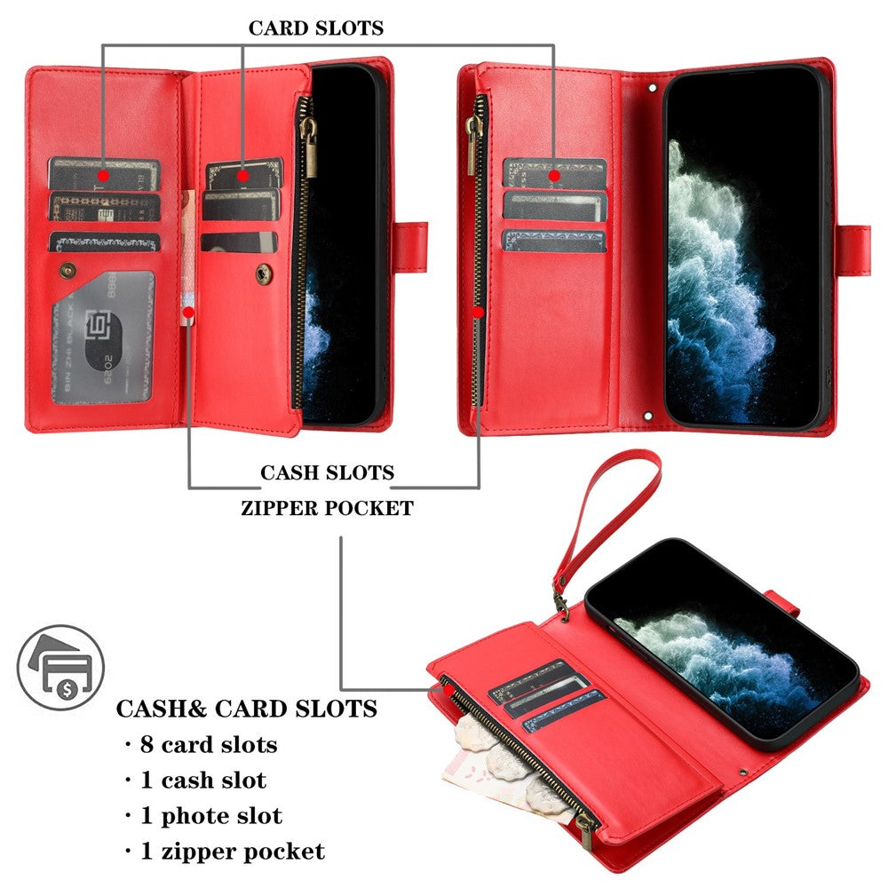 For iPhone 17e / 16e Leather Case Zipper Wallet Stand Shockproof Phone Cover with Wrist Strap