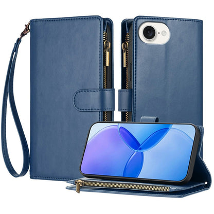 For iPhone 17e / 16e Leather Case Zipper Wallet Stand Shockproof Phone Cover with Wrist Strap