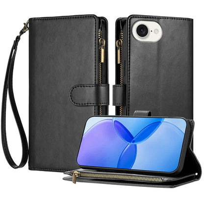 For iPhone 17e / 16e Leather Case Zipper Wallet Stand Shockproof Phone Cover with Wrist Strap