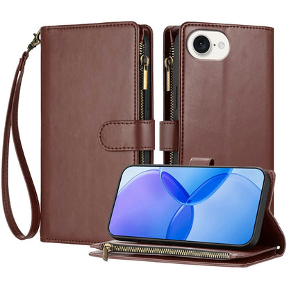 For iPhone 17e / 16e Leather Case Zipper Wallet Stand Shockproof Phone Cover with Wrist Strap