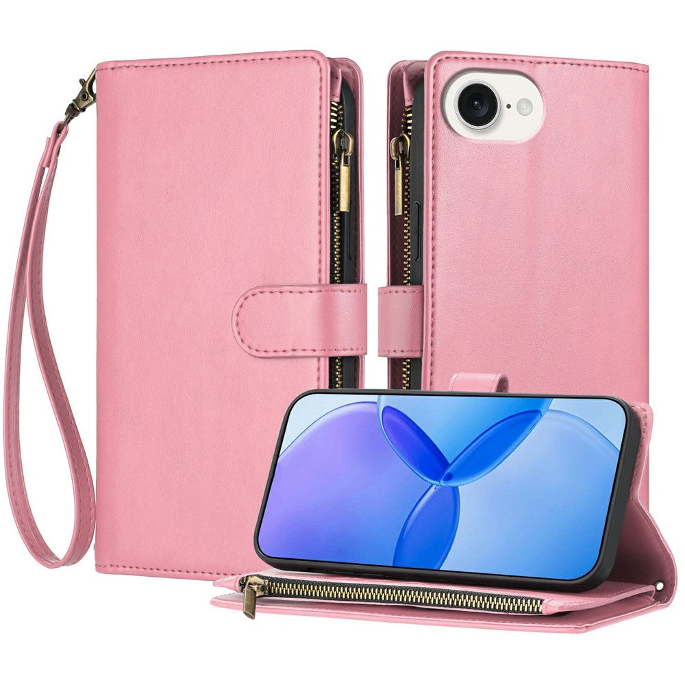 For iPhone 17e / 16e Leather Case Zipper Wallet Stand Shockproof Phone Cover with Wrist Strap