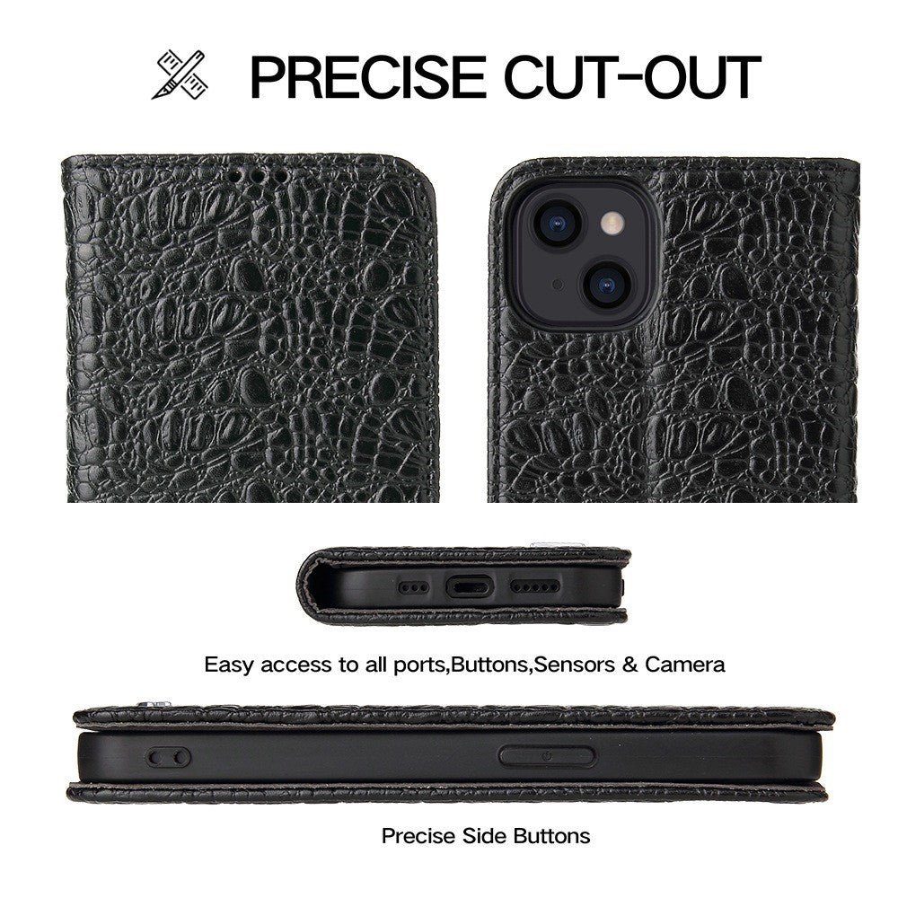 For iPhone 14 Plus Auto-absorbed Magnetic Phone Case Wallet Stand Anti-scratch Top Layer Cowhide Leather Crocodile Texture Cell Phone Cover