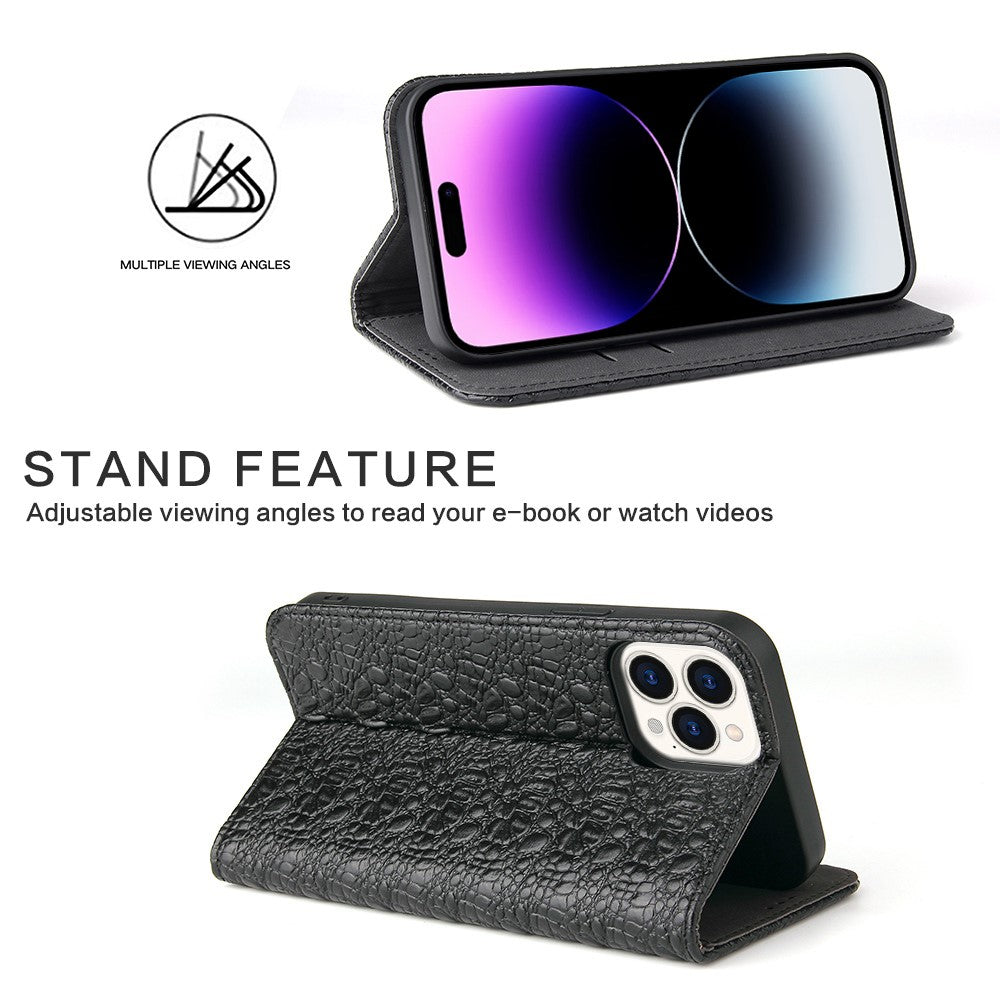 Protective Phone Case For iPhone 14 Pro Max Wallet Stand Auto-absorbed Magnetic Top Layer Cowhide Leather Crocodile Texture Cell Phone Cover
