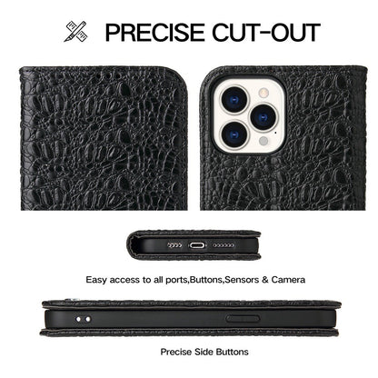 Protective Phone Case For iPhone 14 Pro Max Wallet Stand Auto-absorbed Magnetic Top Layer Cowhide Leather Crocodile Texture Cell Phone Cover