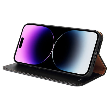 FIERRE SHANN for iPhone 14 Pro Max Cell Phone Case Stand Auto-absorbed Magnetic Closure Flip Wallet Cover PU Leather Phone Shell