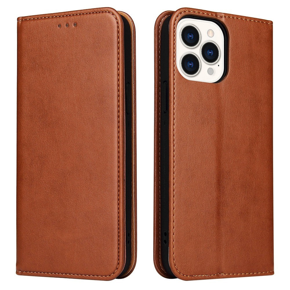FIERRE SHANN for iPhone 14 Pro Max Cell Phone Case Stand Auto-absorbed Magnetic Closure Flip Wallet Cover PU Leather Phone Shell