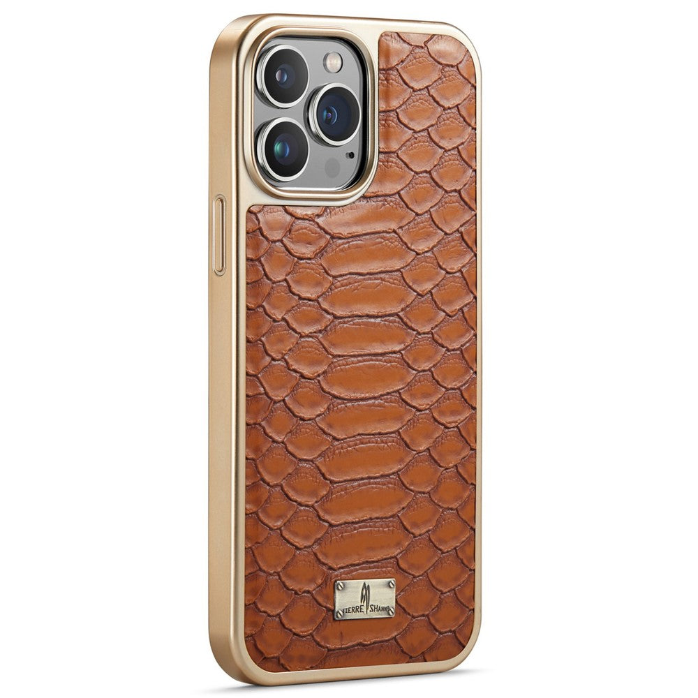 FIERRE SHANN For iPhone 14 Pro Max Python Texture PU Leather Coated TPU Phone Back Case Electroplated Protective Cover