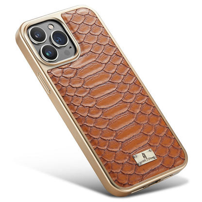 FIERRE SHANN For iPhone 14 Pro Max Python Texture PU Leather Coated TPU Phone Back Case Electroplated Protective Cover