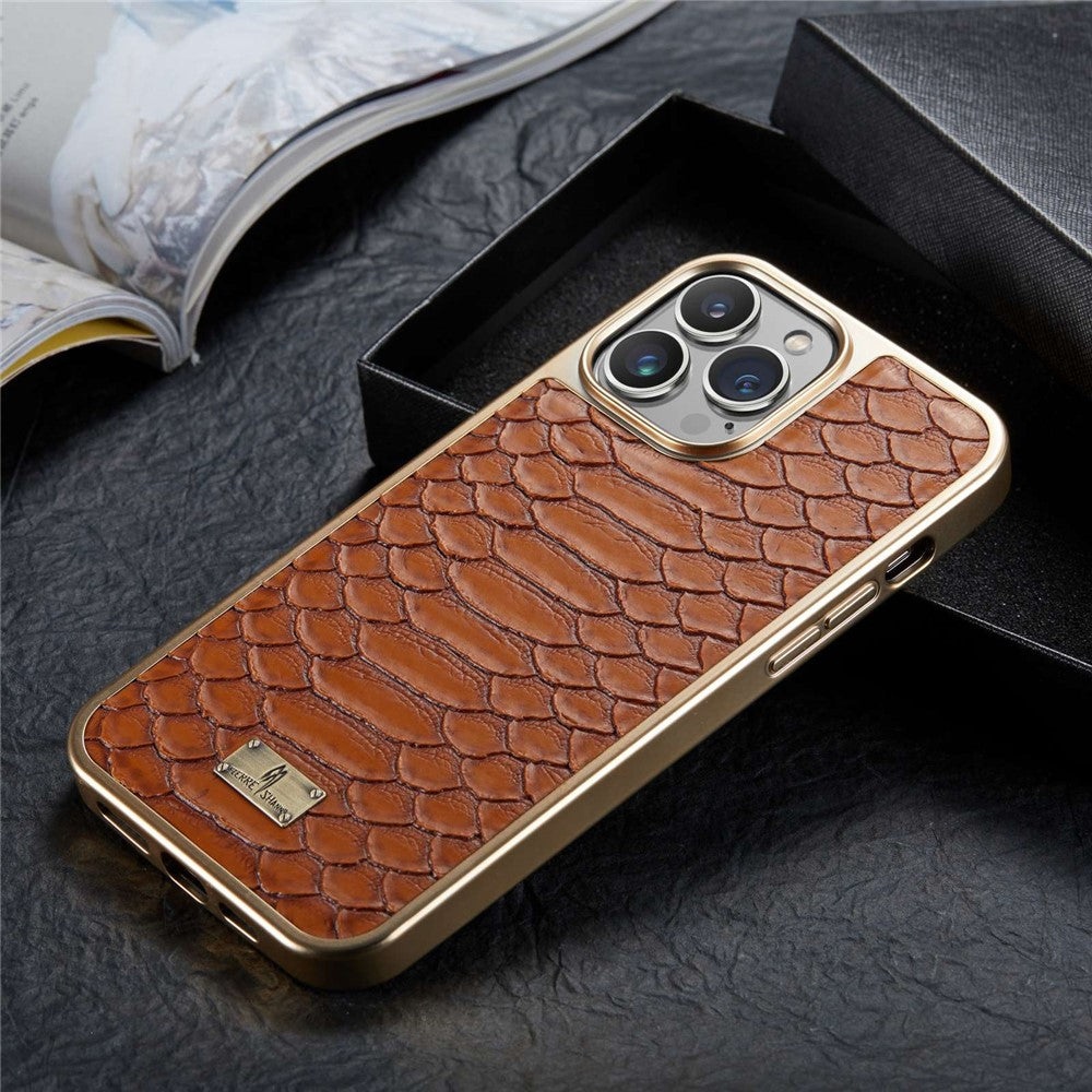 FIERRE SHANN For iPhone 14 Pro Max Python Texture PU Leather Coated TPU Phone Back Case Electroplated Protective Cover