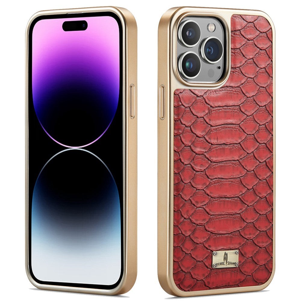 FIERRE SHANN For iPhone 14 Pro Max Python Texture PU Leather Coated TPU Phone Back Case Electroplated Protective Cover