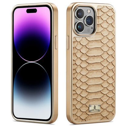 FIERRE SHANN For iPhone 14 Pro Max Python Texture PU Leather Coated TPU Phone Back Case Electroplated Protective Cover