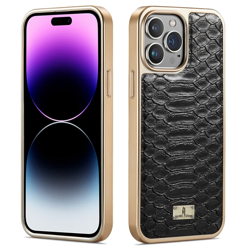 FIERRE SHANN For iPhone 14 Pro Max Python Texture PU Leather Coated TPU Phone Back Case Electroplated Protective Cover