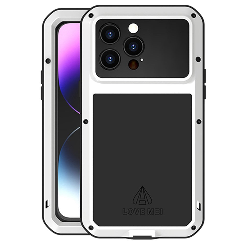LOVE MEI For iPhone 14 Pro Max Silicone + Metal Shockproof Dust-proof Case with Tempered Glass Film