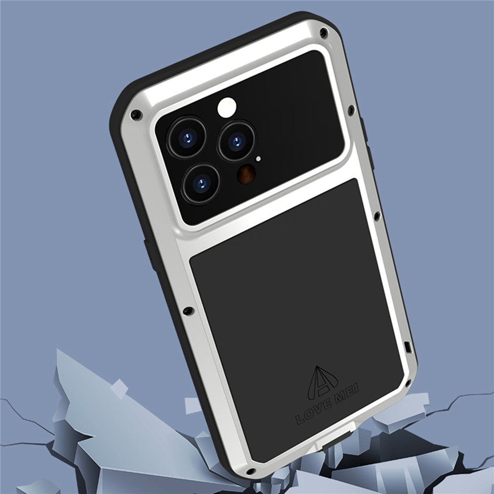LOVE MEI For iPhone 14 Pro Max Silicone + Metal Shockproof Dust-proof Case with Tempered Glass Film