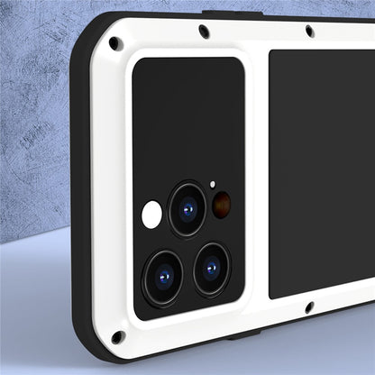 LOVE MEI For iPhone 14 Pro Max Silicone + Metal Shockproof Dust-proof Case with Tempered Glass Film