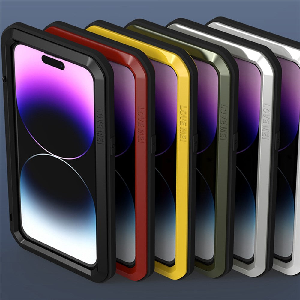 LOVE MEI For iPhone 14 Pro Max Silicone + Metal Shockproof Dust-proof Case with Tempered Glass Film