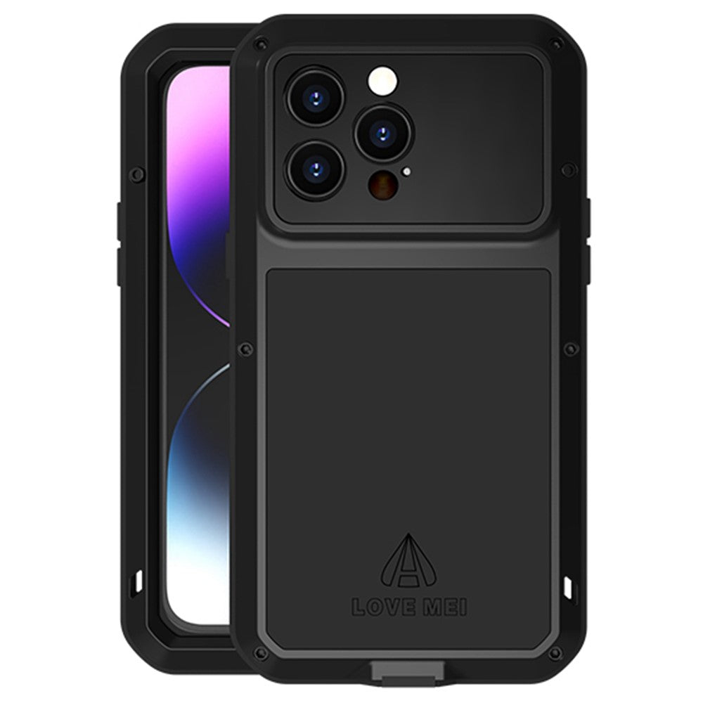 LOVE MEI For iPhone 14 Pro Max Silicone + Metal Shockproof Dust-proof Case with Tempered Glass Film