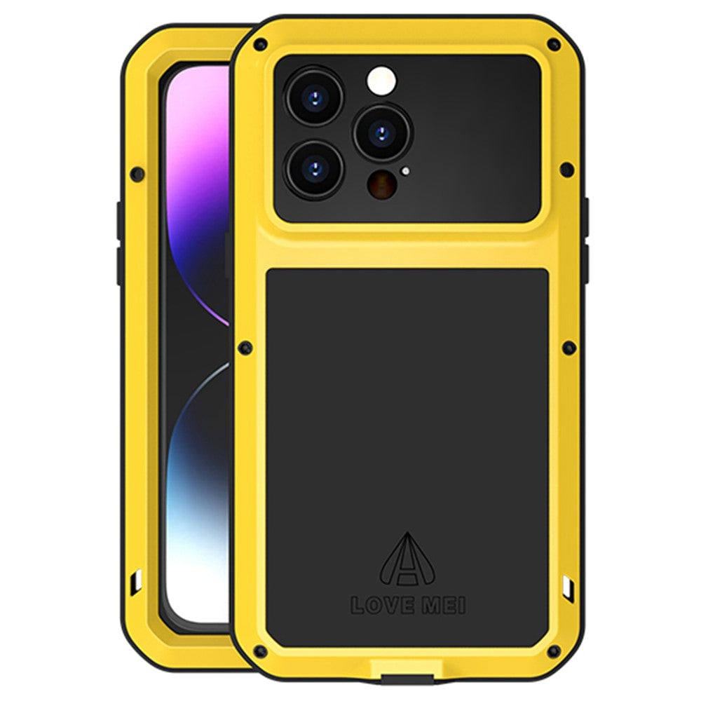 LOVE MEI For iPhone 14 Pro Max Silicone + Metal Shockproof Dust-proof Case with Tempered Glass Film