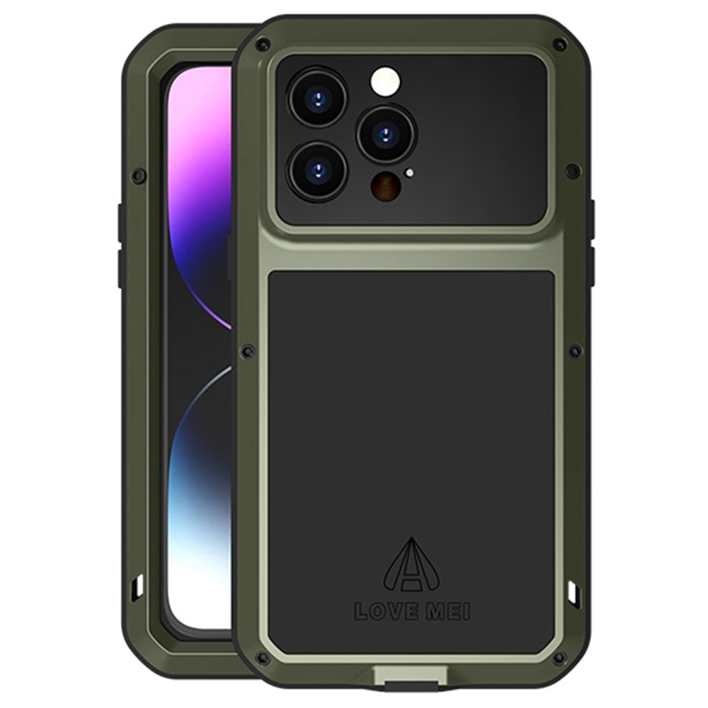 LOVE MEI For iPhone 14 Pro Max Silicone + Metal Shockproof Dust-proof Case with Tempered Glass Film