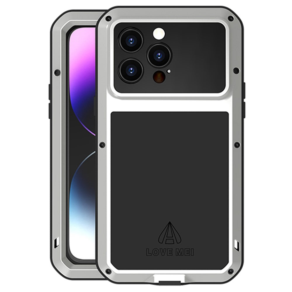 LOVE MEI For iPhone 14 Pro Max Silicone + Metal Shockproof Dust-proof Case with Tempered Glass Film