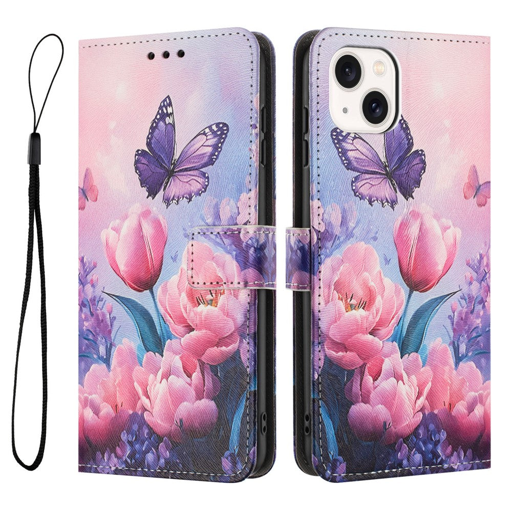 YX-2501 For iPhone 14 / 13 Case Pattern Printing PU Leather Wallet Phone Cover with Lanyard