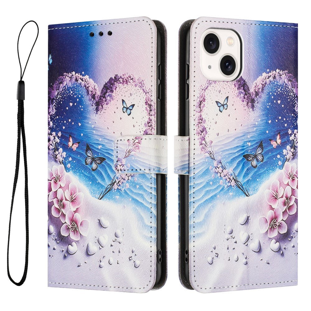 YX-2501 For iPhone 14 / 13 Case Pattern Printing PU Leather Wallet Phone Cover with Lanyard