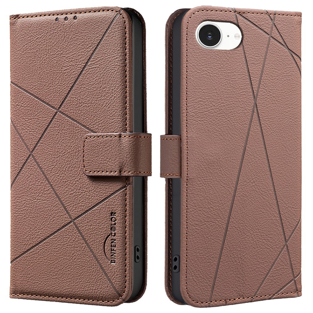 BINFEN COLOR BF35 For iPhone 17e / 16e Case RFID Blocking Wallet Stand Geometry Imprinted Leather Phone Cover