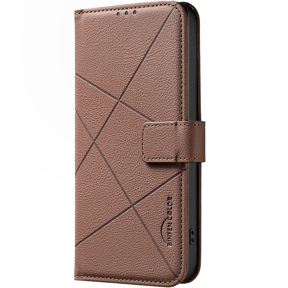BINFEN COLOR BF35 For iPhone 17e / 16e Case RFID Blocking Wallet Stand Geometry Imprinted Leather Phone Cover
