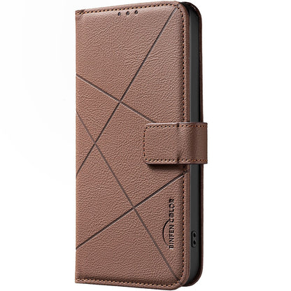 BINFEN COLOR BF35 For iPhone 17e / 16e Case RFID Blocking Wallet Stand Geometry Imprinted Leather Phone Cover