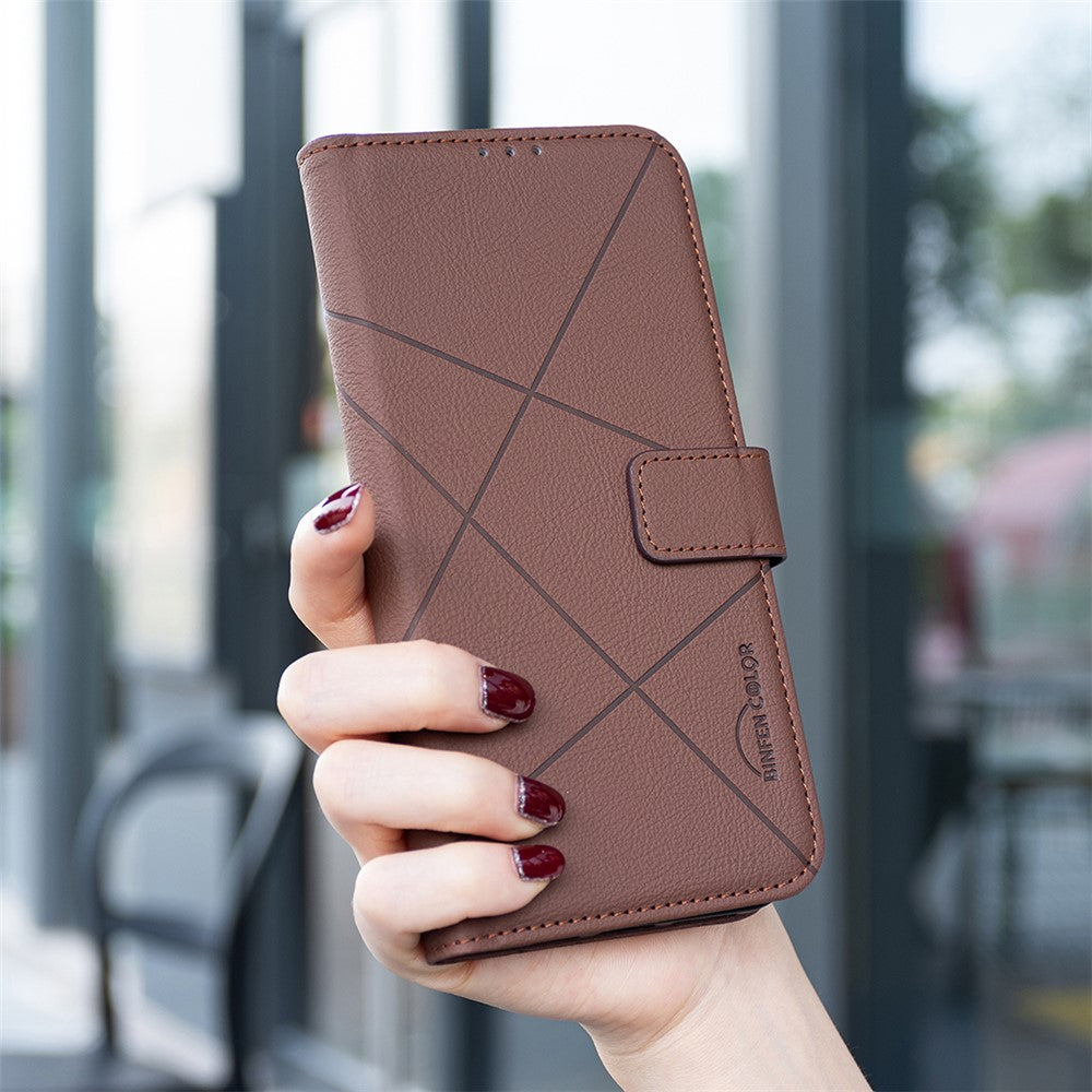 BINFEN COLOR BF35 For iPhone 17e / 16e Case RFID Blocking Wallet Stand Geometry Imprinted Leather Phone Cover