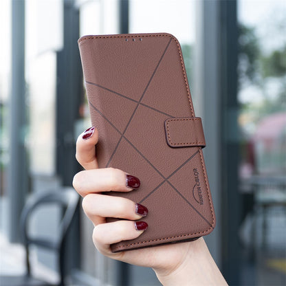BINFEN COLOR BF35 For iPhone 17e / 16e Case RFID Blocking Wallet Stand Geometry Imprinted Leather Phone Cover