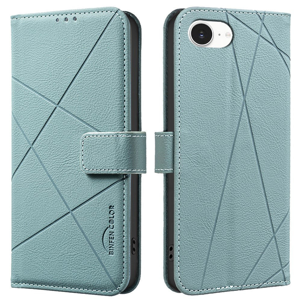 BINFEN COLOR BF35 For iPhone 17e / 16e Case RFID Blocking Wallet Stand Geometry Imprinted Leather Phone Cover
