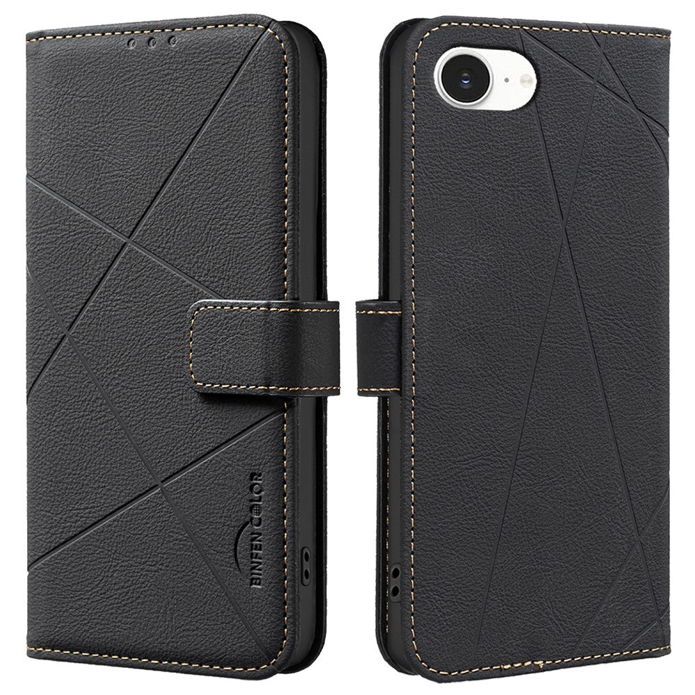 BINFEN COLOR BF35 For iPhone 17e / 16e Case RFID Blocking Wallet Stand Geometry Imprinted Leather Phone Cover