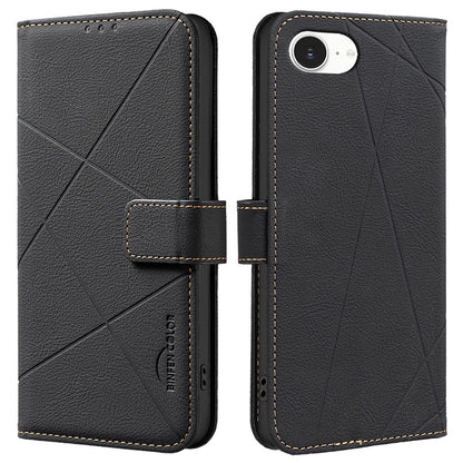 BINFEN COLOR BF35 For iPhone 17e / 16e Case RFID Blocking Wallet Stand Geometry Imprinted Leather Phone Cover