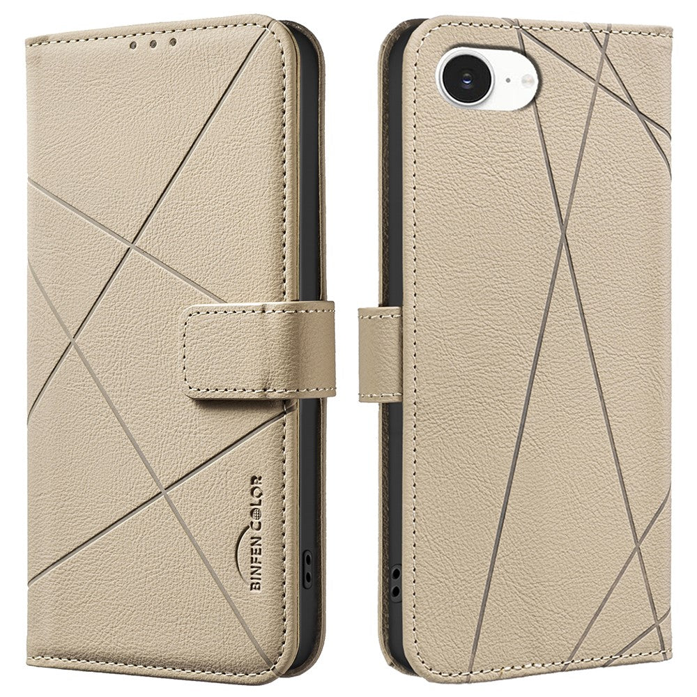 BINFEN COLOR BF35 For iPhone 17e / 16e Case RFID Blocking Wallet Stand Geometry Imprinted Leather Phone Cover