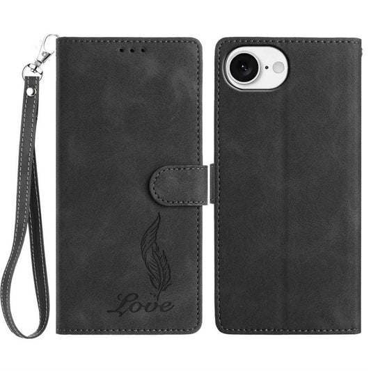 For iPhone 17e / 16e Case Imprinted Feather PU Leather Wallet Phone Cover with Wrist Strap
