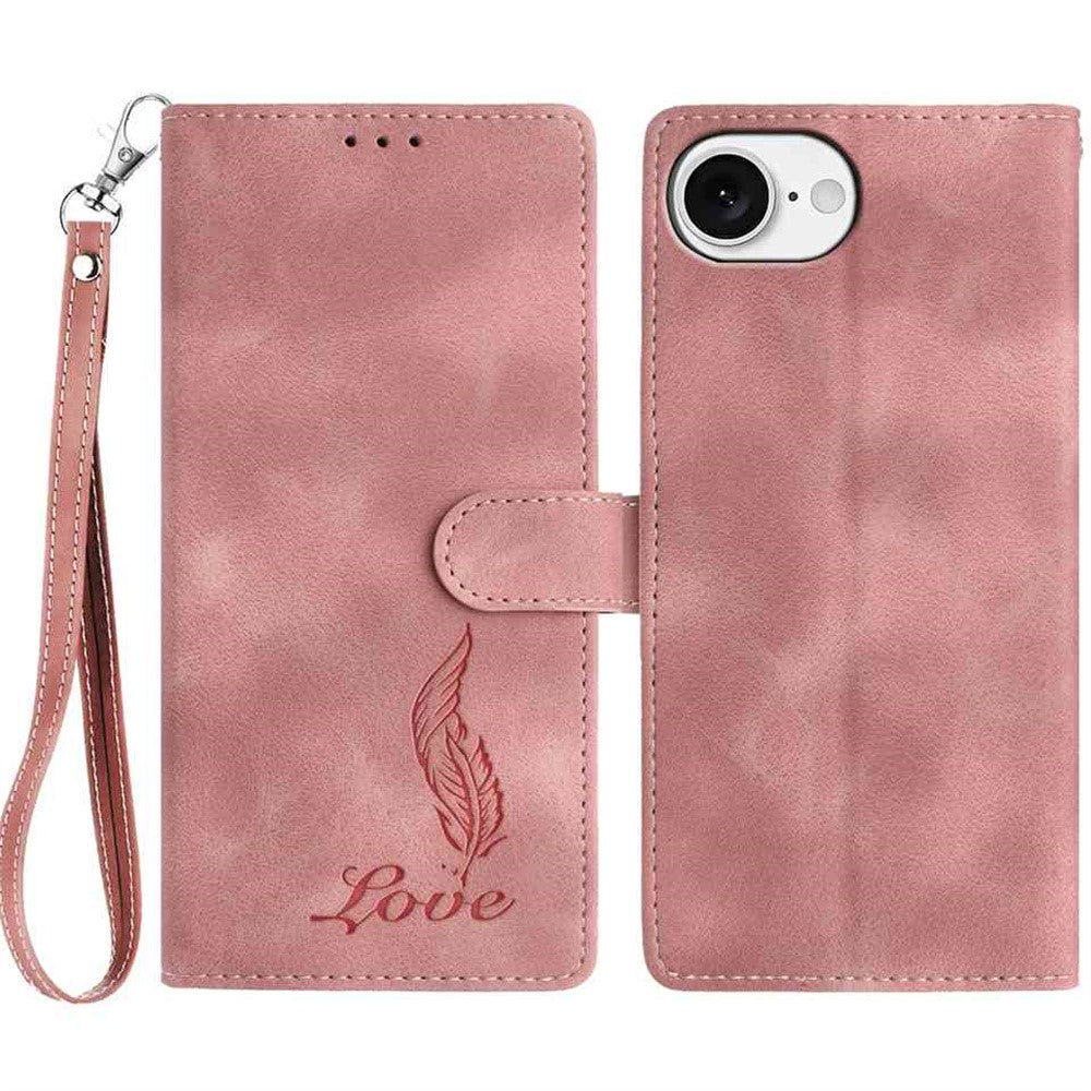 For iPhone 17e / 16e Case Imprinted Feather PU Leather Wallet Phone Cover with Wrist Strap