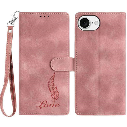 For iPhone 17e / 16e Case Imprinted Feather PU Leather Wallet Phone Cover with Wrist Strap