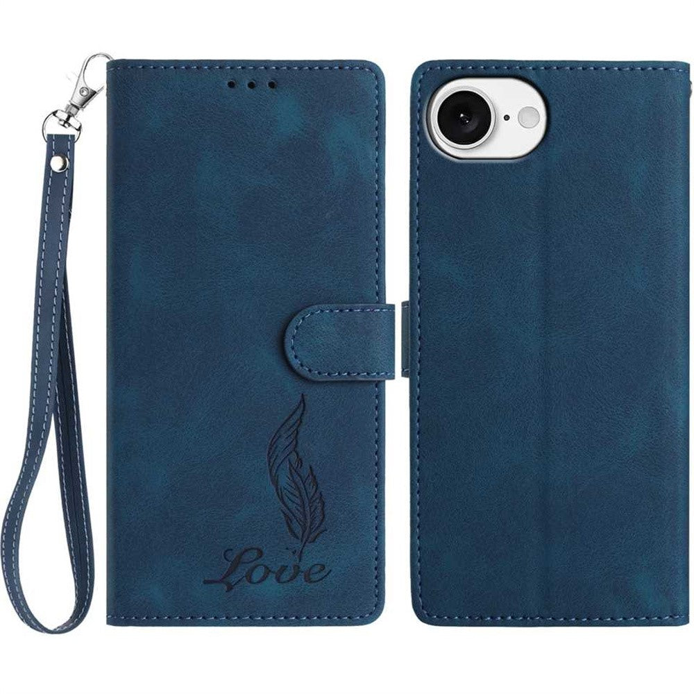 For iPhone 17e / 16e Case Imprinted Feather PU Leather Wallet Phone Cover with Wrist Strap
