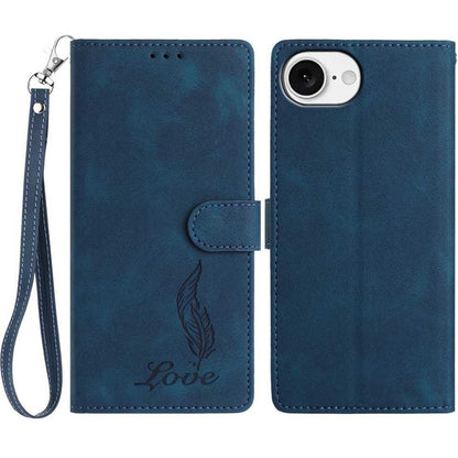 For iPhone 17e / 16e Case Imprinted Feather PU Leather Wallet Phone Cover with Wrist Strap