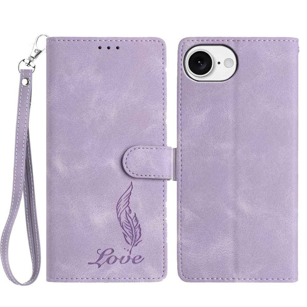 For iPhone 17e / 16e Case Imprinted Feather PU Leather Wallet Phone Cover with Wrist Strap