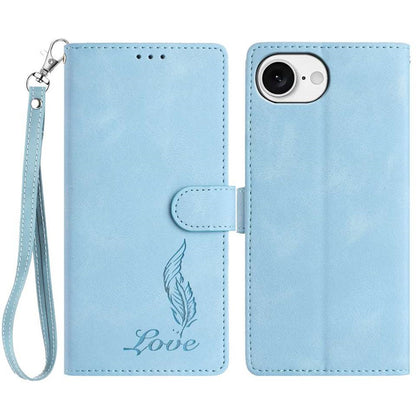 For iPhone 17e / 16e Case Imprinted Feather PU Leather Wallet Phone Cover with Wrist Strap